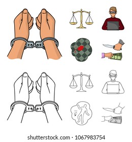 Handcuffs, scales of justice, hacker, crime scene.Crime set collection icons in cartoon,outline style vector symbol stock illustration web.