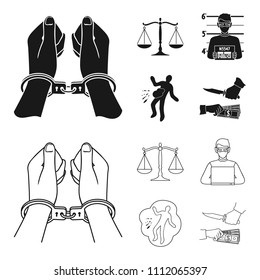 Handcuffs, scales of justice, hacker, crime scene.Crime set collection icons in black,outline style vector symbol stock illustration web.