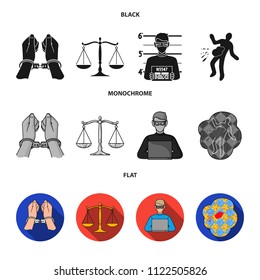 Handcuffs, scales of justice, hacker, crime scene.Crime set collection icons in black, flat, monochrome style vector symbol stock illustration web.