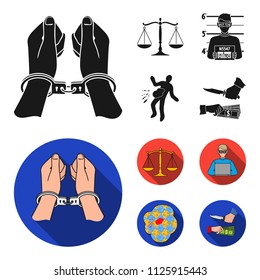 Handcuffs, scales of justice, hacker, crime scene.Crime set collection icons in black, flat style vector symbol stock illustration web.