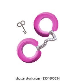 Handcuffs with soft pink decor and key isolated on white background