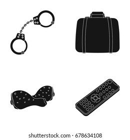 Handcuffs, a suitcase and other web icon in black style.a leg, a control panel icons in set collection.
