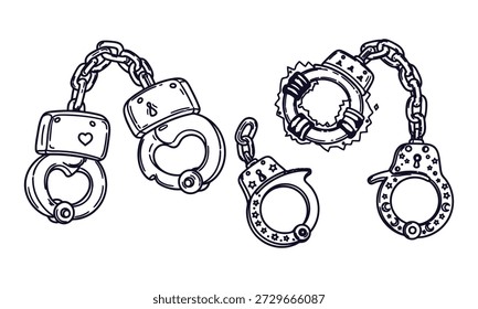 Esposas con varios diseños y cadenas sobre fondo blanco