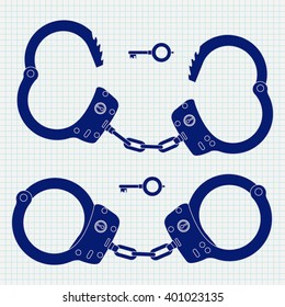 Handcuffs. Vector illustration on notebook sheet