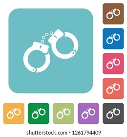 Handcuffs white flat icons on color rounded square backgrounds