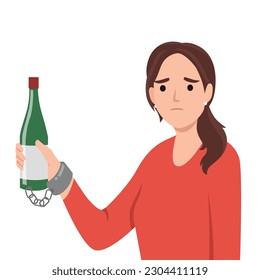 Handcuffs with woman, wine bottle or alcohol, addicted. Flat vector illustration isolated on white background