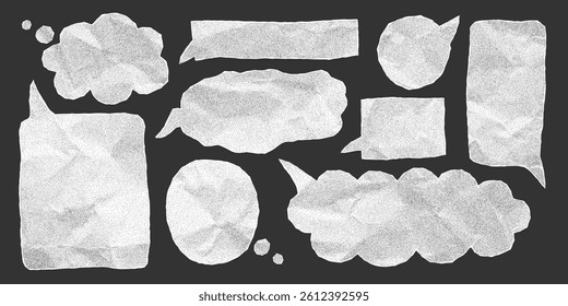 Hand-cut crumpled paper speech bubbles with halftone texture and gritty dotted pattern. Torn jagged notebook sheet edges of different shapes, irregular text box.