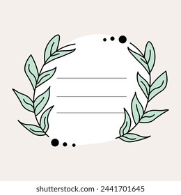 Una nota pegajosa blanca ligeramente redonda cortada a mano con hojas verdes, y dentro de la hoja blanca, hay líneas para escribir el vector de texto 