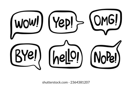 Hand-doodle set of Speech bubble with handwritten short phrases. Hello, bye, yep, nope, OMG, WOW. Vector isolated illustration