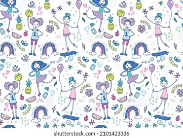 Hand-doodled characters of girls being bold, bright, and fun. This vector pattern repeats seamlessly and is perfect for backgrounds and surface designs celebrating girls.