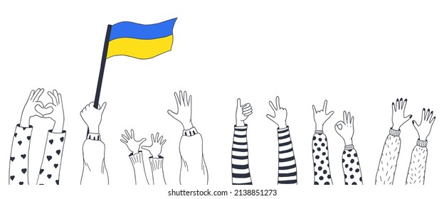 Hand-draw applause. Vector doodle illustration of a hand with Ukrainian flag. Freedom. Love. Peace.