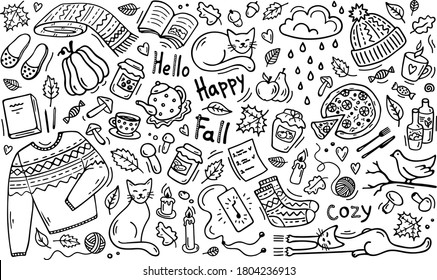 Hand-draw Autumn Background in doodle style. Fall Season vector elements: knitted clothes, cats, mushrooms, leaves, books, cups, jars, fruits, pumpkin, pizza, candy, music. Black isolated on a white.