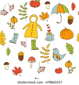Handdraw autumn seamless pattern with leaves, mushrooms, umbrella, pumpkin, bird, slicker. Bright pattern. Autumn template. Use for wallpaper, pattern fills, web page background