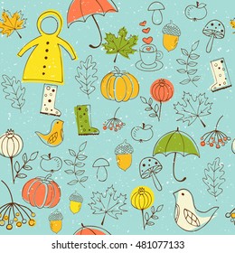 Handdraw autumn seamless pattern with leaves, mushrooms, umbrella, pumpkin, bird, slicker. Bright pattern. Autumn template. Use for wallpaper, pattern fills, web page background
