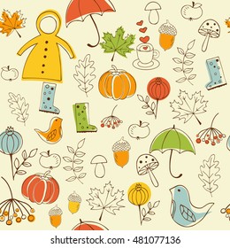 Handdraw autumn seamless pattern with leaves, mushrooms, umbrella, pumpkin, bird, slicker. Bright pattern. Autumn template. Use for wallpaper, pattern fills, web page background