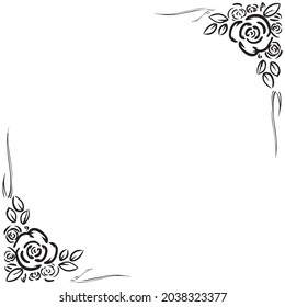 Handdraw black frame with roses on white background. Lineart rose frame