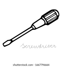 A hand-draw black vector illustration of metallic locksmith tool isolated on a white background with lettering screwdriver