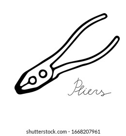 A hand-draw black vector illustration of metallic locksmith tool isolated on a white background with lettering pliers