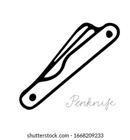 A hand-draw black vector illustration of metallic locksmith tool isolated on a white background with lettering penknife