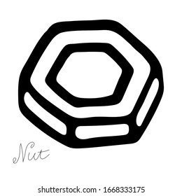 A hand-draw black vector illustration of metallic locksmith tool isolated on a white background with lettering nut
