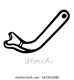 Hand-draw black vector illustration of metallic locksmith tool isolated on a white background with lettering wrench