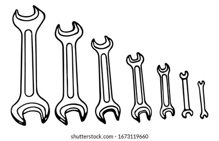 A Hand-draw black vector illustration of metallic locksmith wrenches tool set isolated on a white background