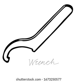 A hand-draw black vector illustration of metallic locksmith tool isolated on a white background with lettering wrench
