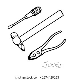 Hand-draw black vector illustration of metallic locksmith tools set isolated on a white background