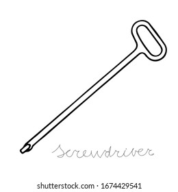 Hand-draw black vector illustration of metallic locksmith tool isolated on a white background with lettering screwdriver