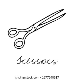 Ilustración vectorial en negro con dibujo manual de los artículos de coser metálicos aislados en un fondo blanco con tijeras con letras