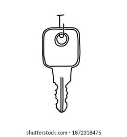 Hand-draw black vector illustration of metallic key located on a metal hook on the door