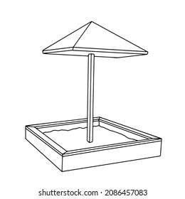 A Hand-draw black vector illustration of wooden sandbox with sand and a roof umbrella for children isolated on a white background