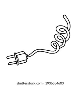 A Hand-draw black vector outline illustration of one electric plug with wire isolated on a white background