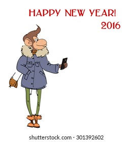Hand-draw card with stylish hipster monkey. The symbol of the new year 2016. 