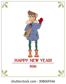 Hand-draw cards with stylish hipster monkey. The symbol of the new year 2016. 