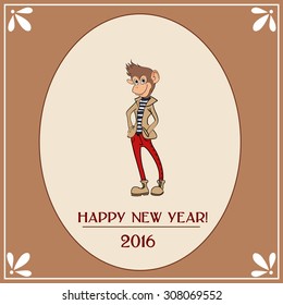 Hand-draw cards with stylish hipster monkey. The symbol of the new year 2016. 