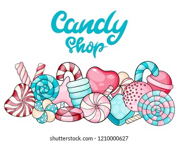 Hand-draw cartoon doodle illustration of candy shop. Colorful theme items, objects and symbols.