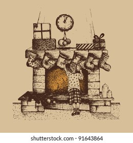 Hand-draw Christmas fireplace illustration