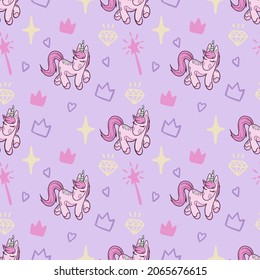Hand-draw doodle pattern of pink unicorn, crown, wand, diamond, heart and star in vector. Idea for gift wrapping, backgrounds, prints, illustrations and backgrounds.