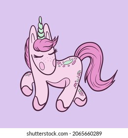 Hand-draw doodle pink unicorn in vector. Idea for prints, postcard, icons, illustrations, pattern, backgrounds and stickers.