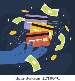 Hand-draw flat vector illustration of cartoon Credit cards, Coins, and Money bills float in the space with a giant hand holding them—financial and debt management concept. 