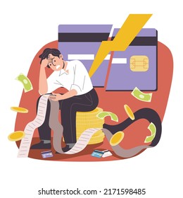 Hand-draw flat vector illustration of a man with a broken credit card, money bills, coins, and long paper in his hand. Financial and debt problem, Money management failure concept.