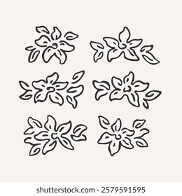 Handdraw flower illustration. Simple contour vector print of flower bud with leaves.