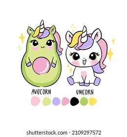 Handdraw graphics.Vector illustration. Avocado and unicorn 