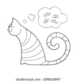 Hand-draw happy tabby cat sitting and dreams with comics bubble of a fish. Drawn with a black ink line. Vector illustration.