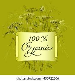 Hand-draw label template with wild flowers and herbs. Hundred percent organic lettering card. Design for herbal cosmetics, natural and organic product store, package. Vector illustration stock vector.