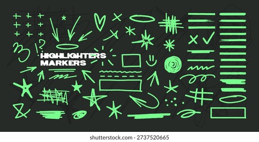 Hand-draw marker highlighter - notes, underline, brush stroke, round selection, marks. School board, children's doodles and scribbles. Highlighters, scribbles, marks, notes - vector graphic collection