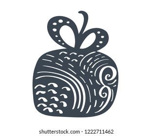 Handdraw scandinavian Christmas giftbox vector icon silhouette. Simple gift contour symbol. Isolated on white web sign kit of stylized spruce picture