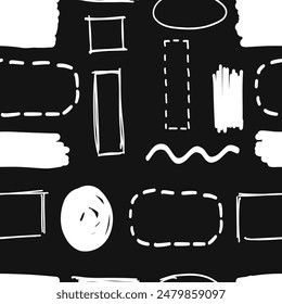 Hand-draw seamless pattern. Scribble elements. Circle, box, oval, square, wave, line, rectangle. Brush pen, line stroke	