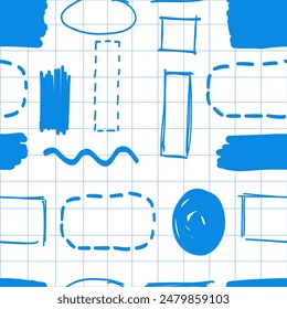 Hand-draw seamless pattern. Scribble elements. Circle, box, oval, square, wave, line, rectangle. Brush pen, line stroke	